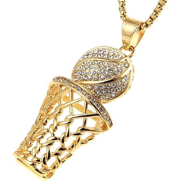 18K gold plated basketball hoop rim CZ inlay pendant box 22" chain necklace NWT - Picture 2 of 5